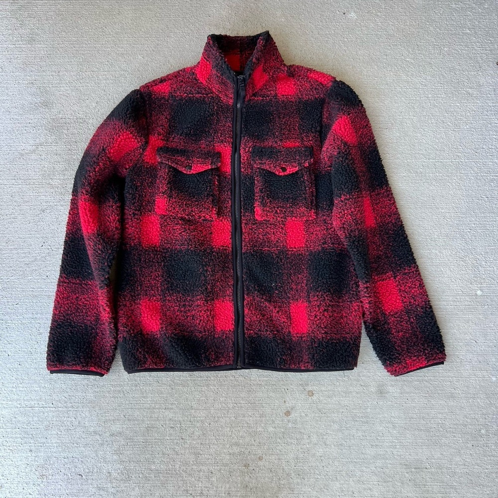 Topman Sherpa Jacket Mens Medium Buffalo Plaid Shearling Lined‎ Zip Coat